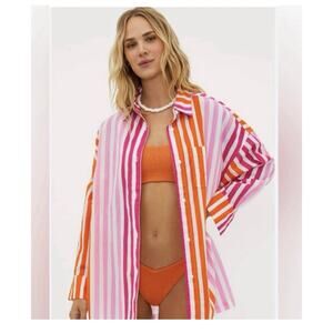 Beach Riot Cover Up Shirt Womens S/M Pink Orange Striped Relaxed
